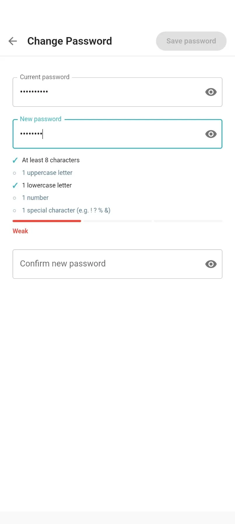 Der Bildschirm Passwort ändern mit abgehakten Regeln und dem Balken auf Schwach