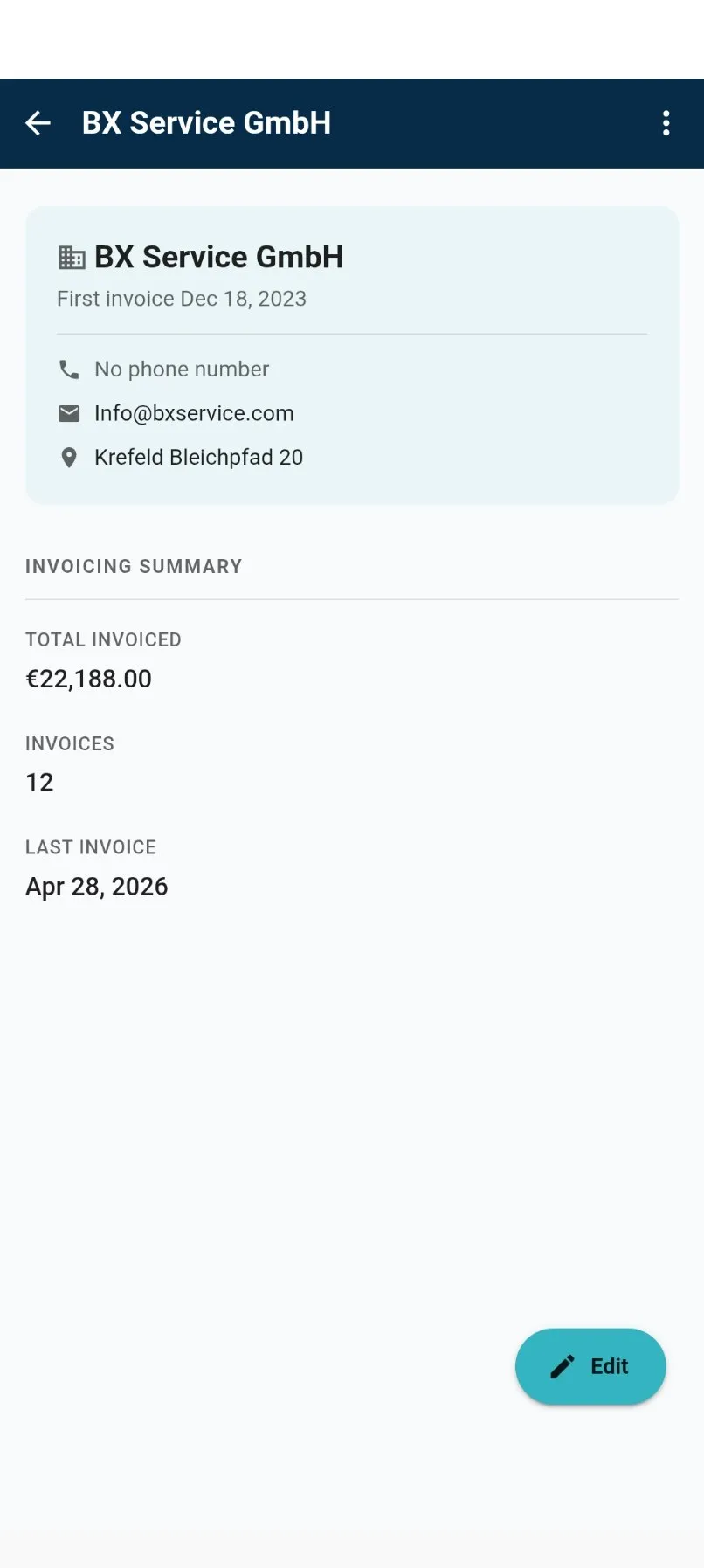 customer detail sheet showing the summary card and the invoicing summary