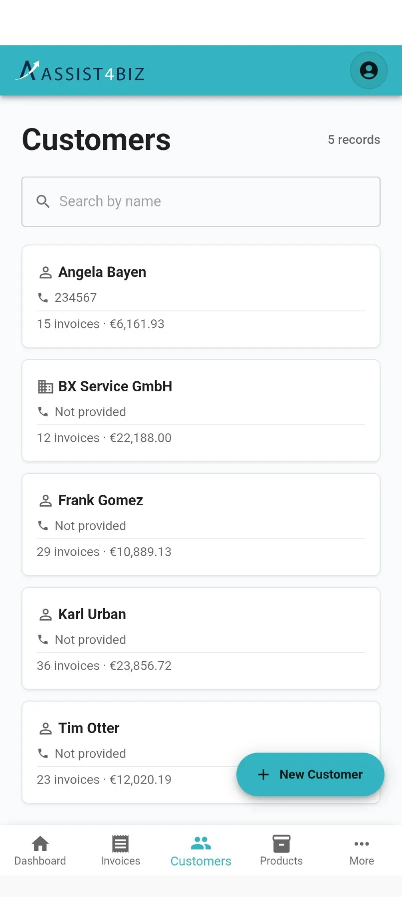 customers list showing customer cards with name, contact line and person/company icon