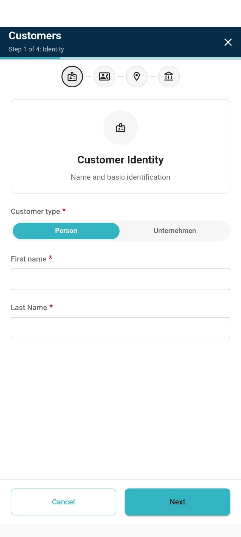 customer create wizard on the Identity step, showing the step indicator