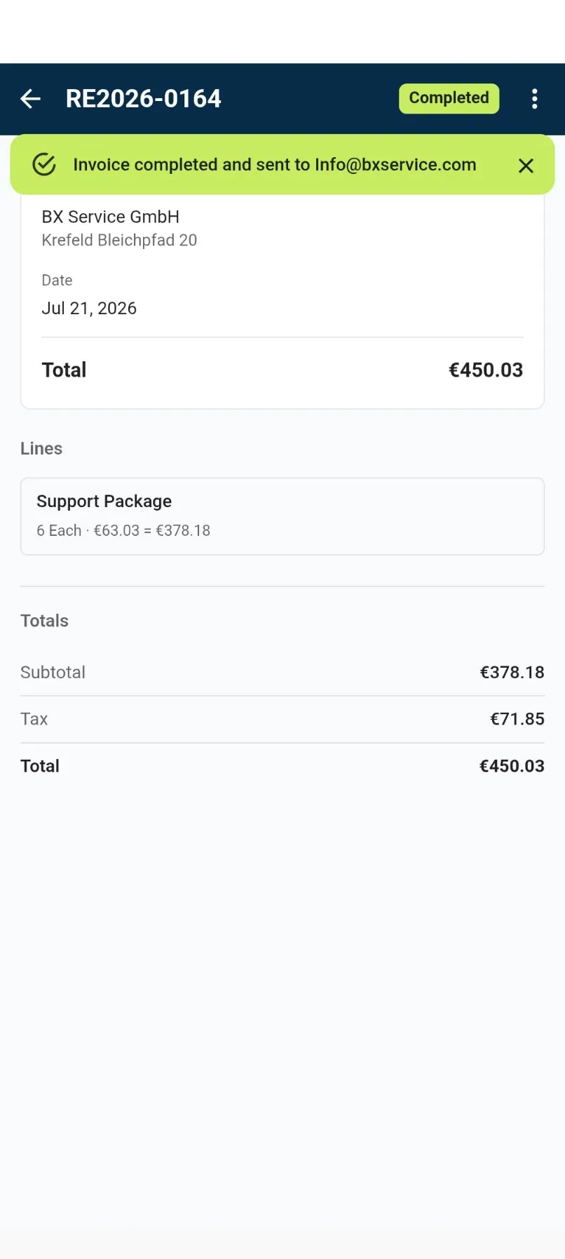 completed invoice showing its final number, the Completed status and the confirmation that it was emailed to the customer
