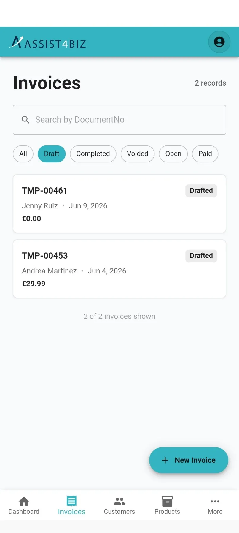invoices list filtered to Draft