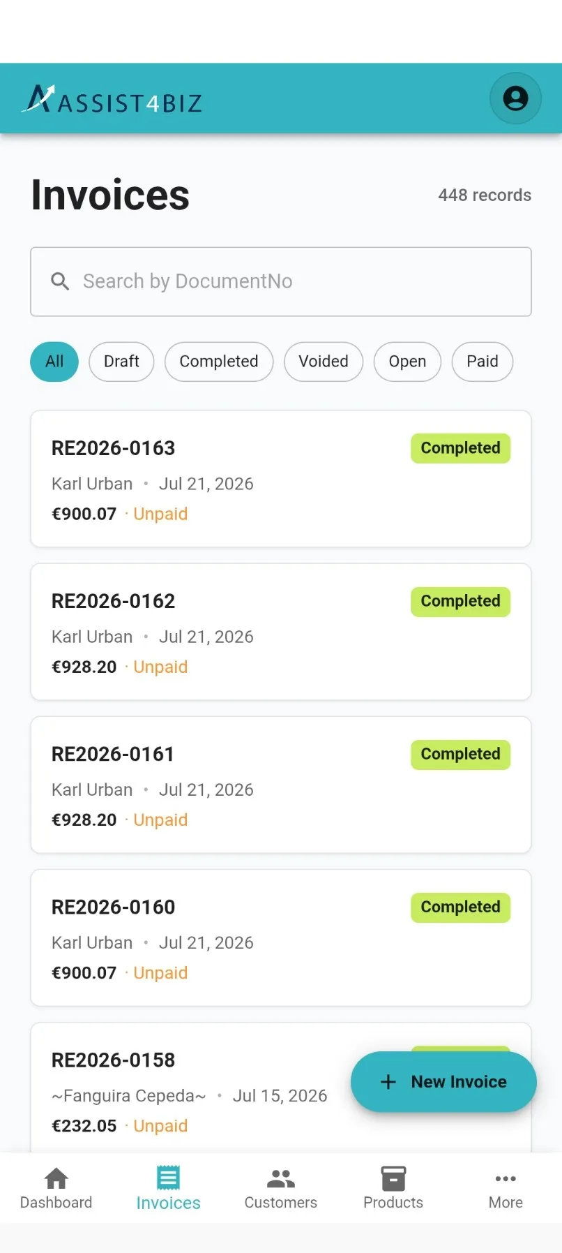 invoices list with the filter chips and invoice cards showing document number, amount and status