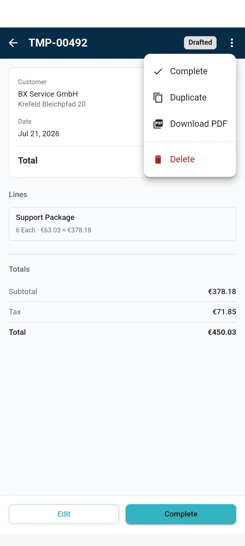 invoice review sheet showing lines, totals and the actions menu