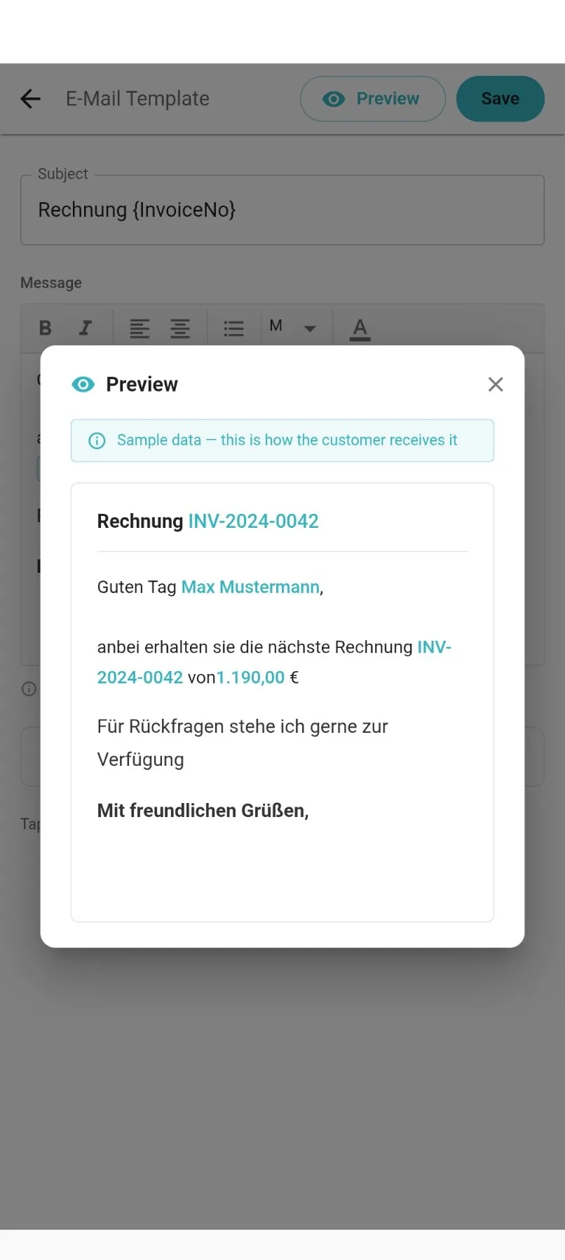 Die Vorschau mit der fertigen E-Mail und eingesetzten Beispieldaten
