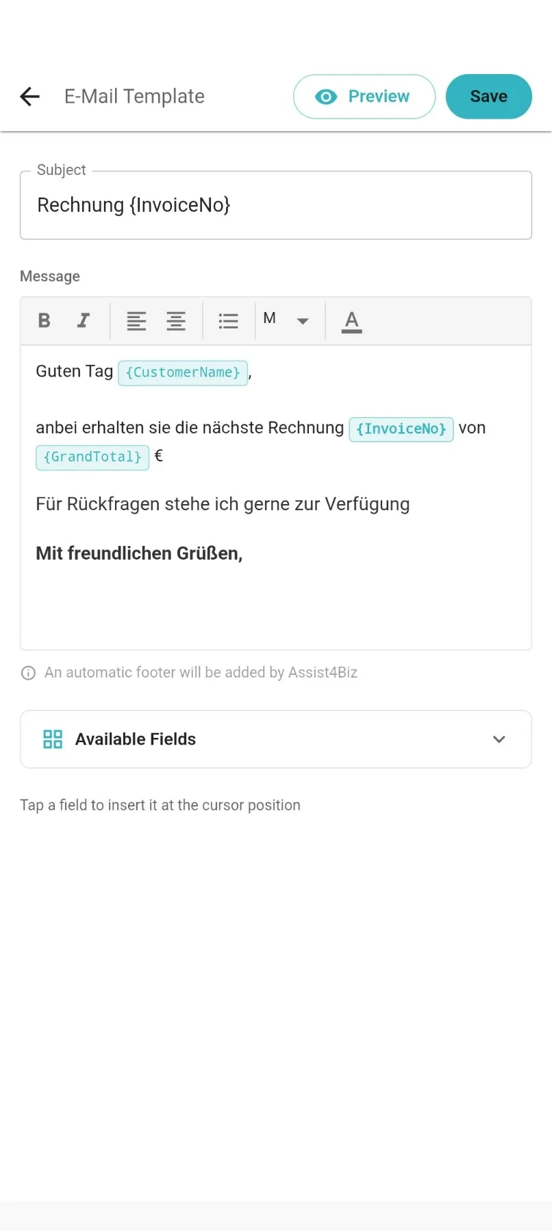 Der Bildschirm E-Mail-Vorlage mit Betreff, Nachricht und den Platzhaltern