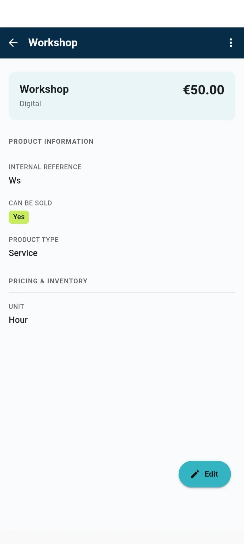 product detail sheet showing the price, internal reference, product type and unit
