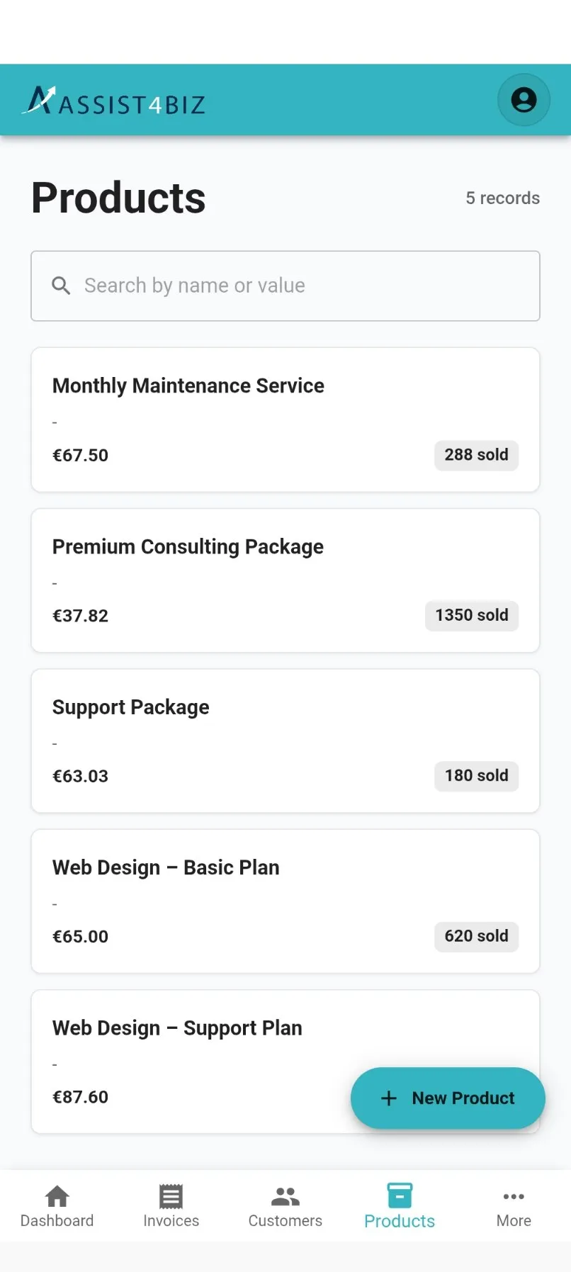 products list showing product cards with name, category and price