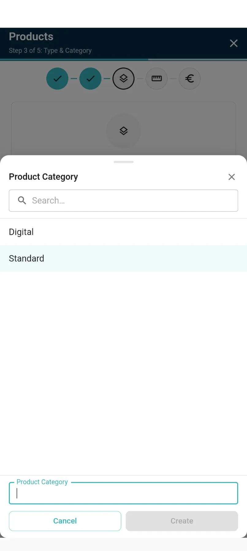 product create wizard on the Type & Category step with the category picker open and the inline create field at the bottom