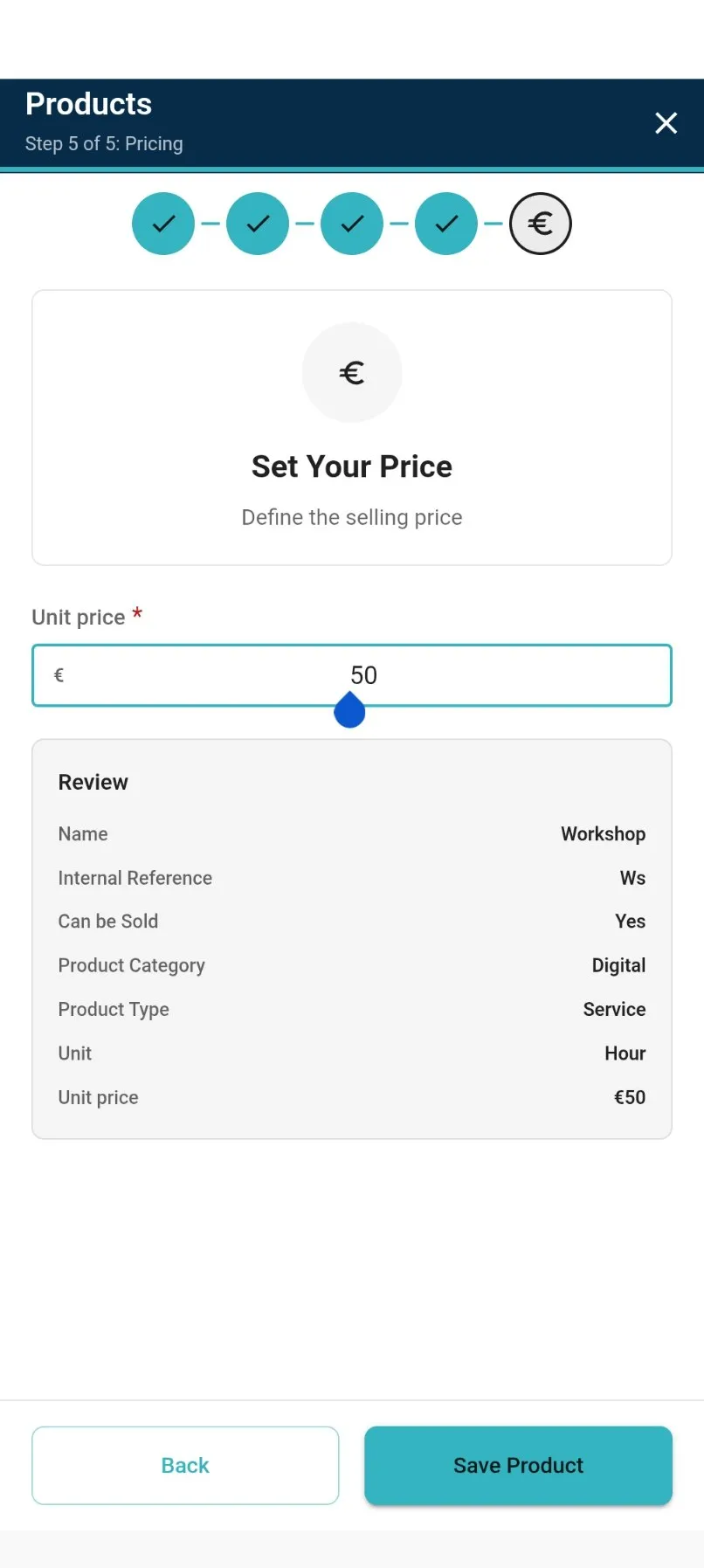 product create wizard on the Pricing step, showing the review summary and the Save Product button