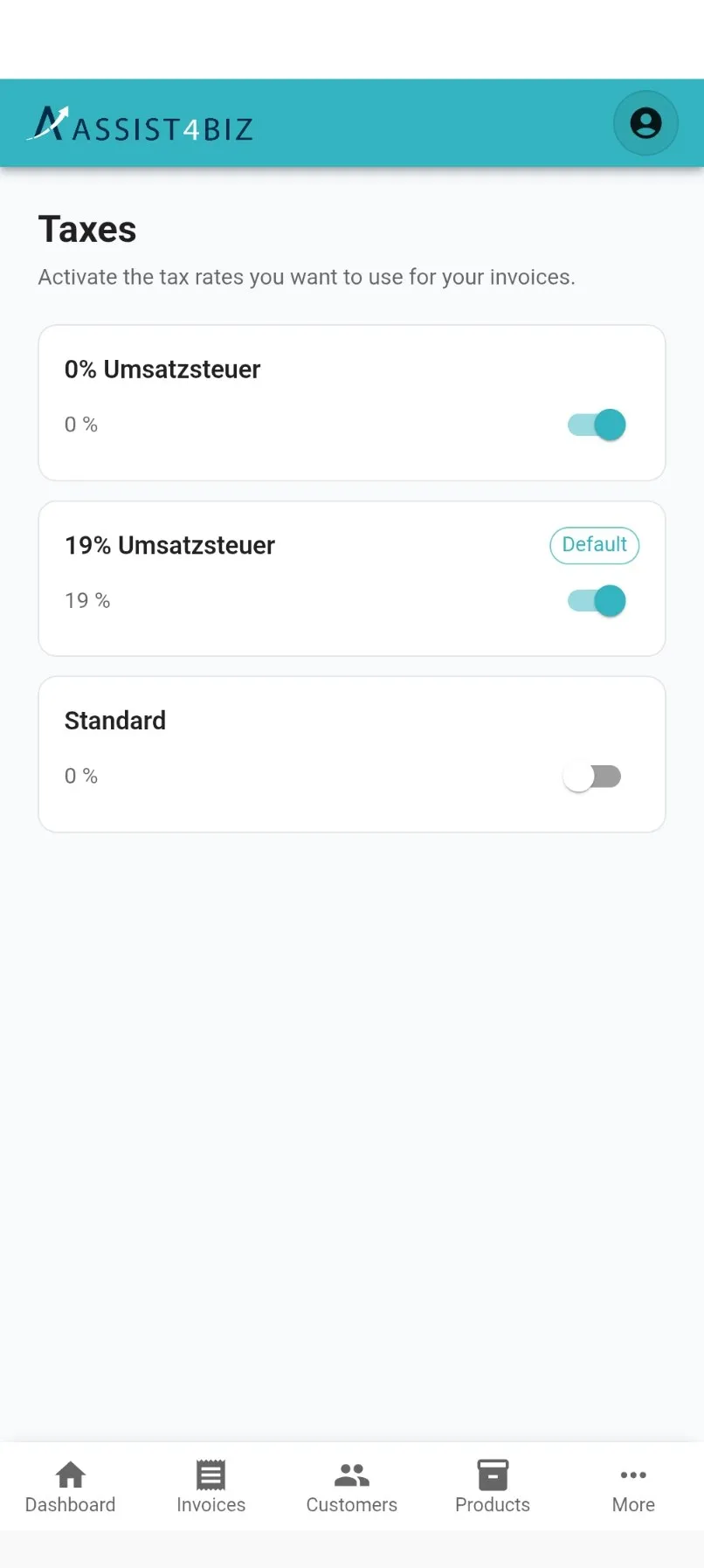 the Taxes screen with a list of tax rates, each with a switch, and a Default badge on one of them